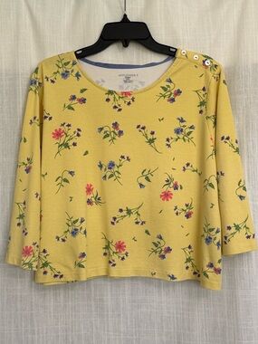 Appleseed's Petite XL Yellow Floral Women's Quarter-Sleeve Top 100% Cotton